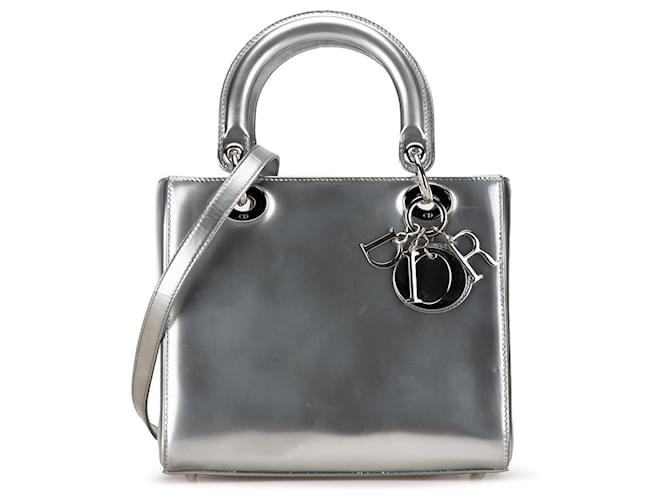 Silver Dior Medium Metallic Patent Lady Dior Satchel Silvery Leather  ref.1443356