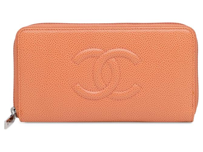 Orange Chanel CC Caviar Leather Zip Around Long Wallet  ref.1443443