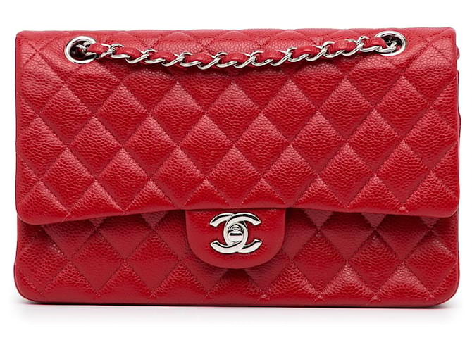 Rote Chanel Medium Classic Caviar Double Flap Schultertasche Leder  ref.1443482