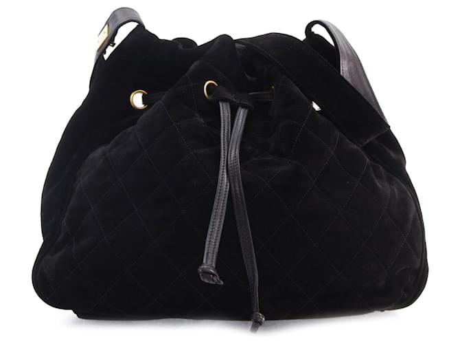 Black Chanel Quilted Suede Bucket Bag Leather  ref.1443525