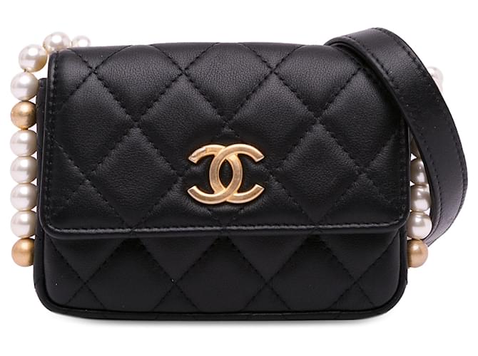 Black Chanel CC Lambskin About Pearls Card Holder On Chain Crossbody Bag Leather  ref.1443574