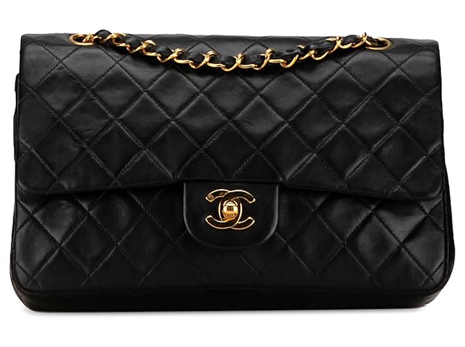 Schultertasche Chanel Medium Classic aus schwarzem Lammleder mit doppeltem Klappverschluss  ref.1443576