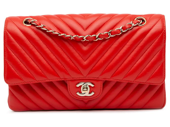 Orange Chanel Medium Classic Chevron Lambskin Double Flap Shoulder Bag Leather  ref.1443731