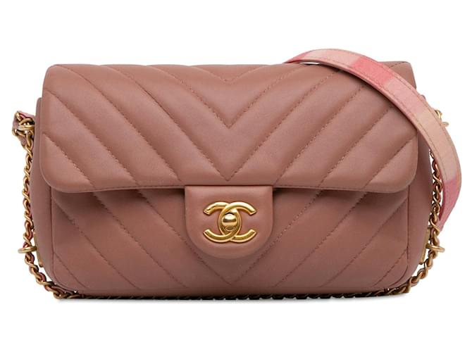 Pink Chanel Mini Rectangular Chevron Lambskin Chain Around Flap Crossbody Bag Leather  ref.1443733