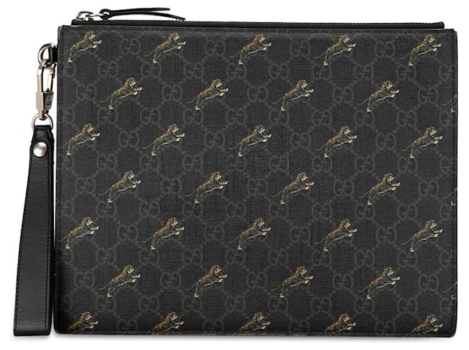 Black Gucci GG Supreme Tigers Zip Wristlet Pouch Clutch Bag Leather  ref.1444301