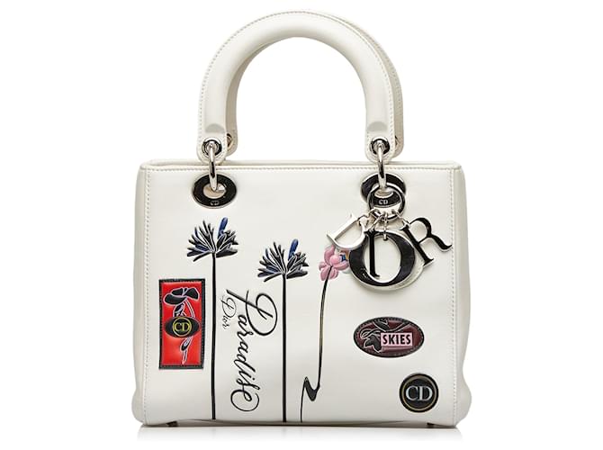 White Dior Medium Lambskin Paradise Lady Dior Satchel Leather  ref.1444446