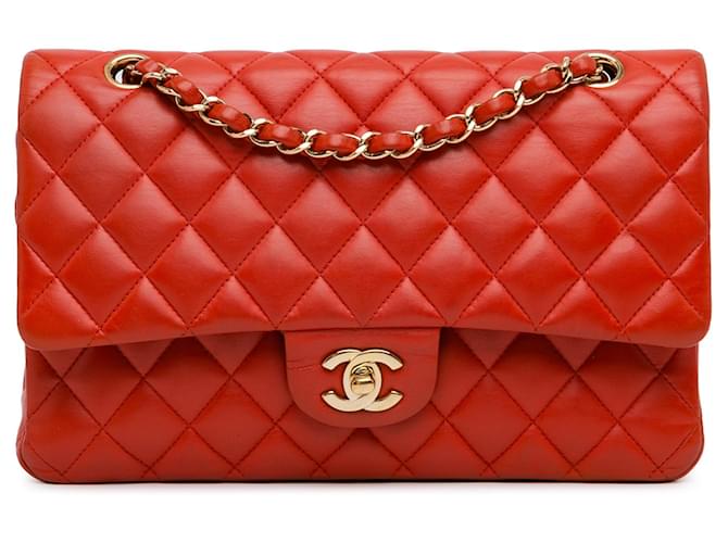 Bolsa de ombro dupla de flap médio em couro de cordeiro clássico vermelho Chanel  ref.1444525