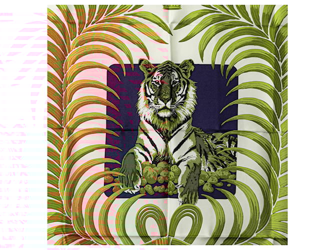 White Hermès Tigre Royal Silk Scarf Scarves  ref.1444557