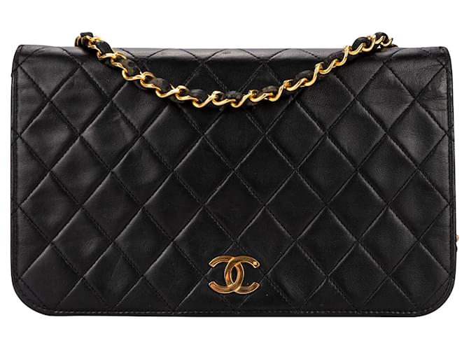 Chanel gesteppte Lammleder 24K Gold Einzelklappen Tasche Schwarz Leinwand  ref.1444646