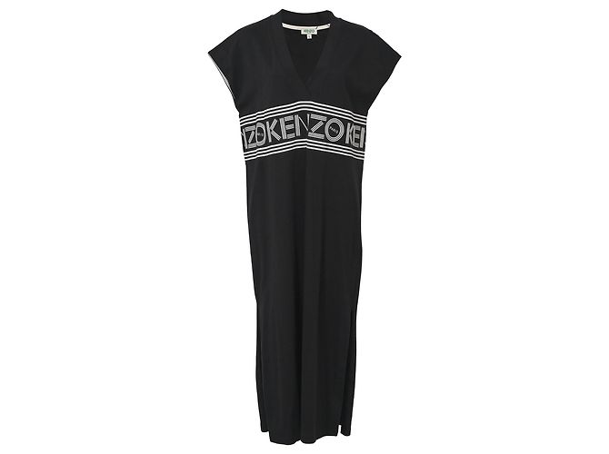 Abito midi in cotone nero con logo a V di Kenzo