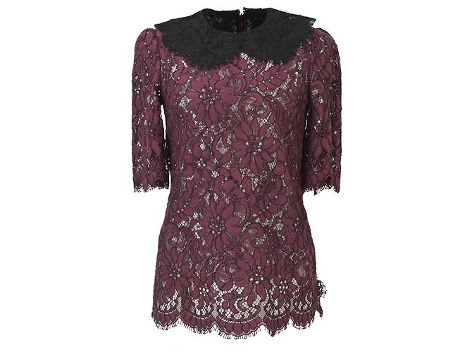 Blusa de algodón burdeos con mangas 3/4 de encaje floral Dolce & Gabbana Roja