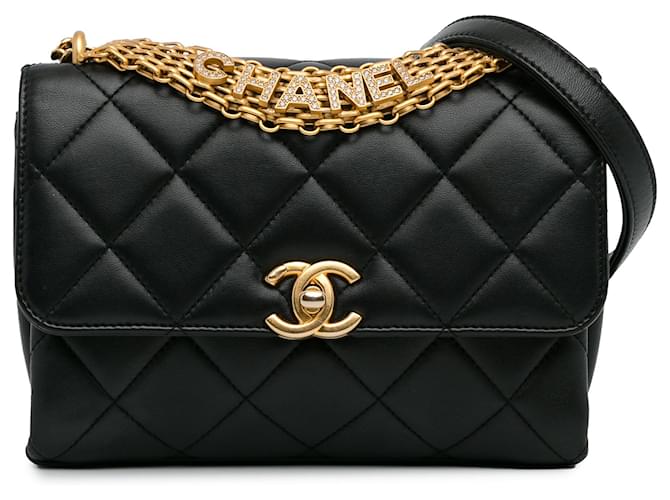 Chanel Noir Petit CC Cuir d'Agneau Logo Cristal Chaîne Rabat  ref.1444992