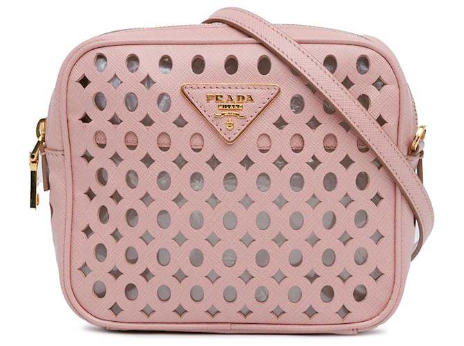 Prada Rosa Perforierte Saffiano Umhängetasche Pink Leder  ref.1445567