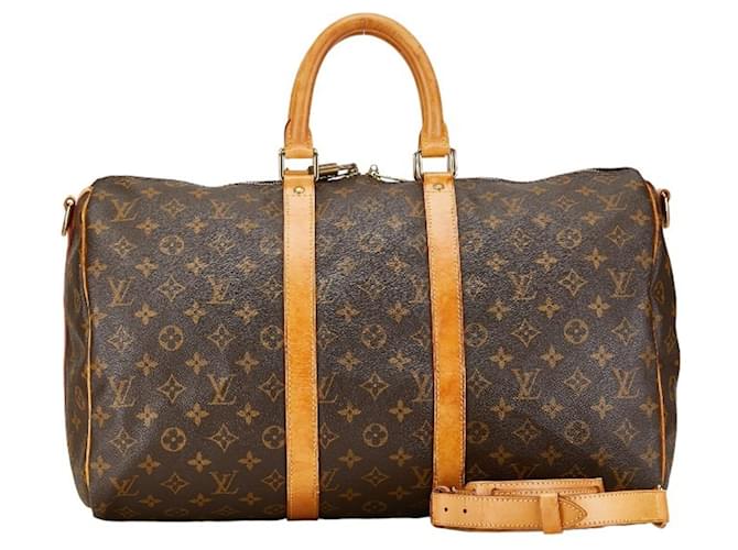 Boston Bag Keepall Bandoulière 45 Monogram Louis Vuitton Braun Leder Kunststoff  ref.1446304