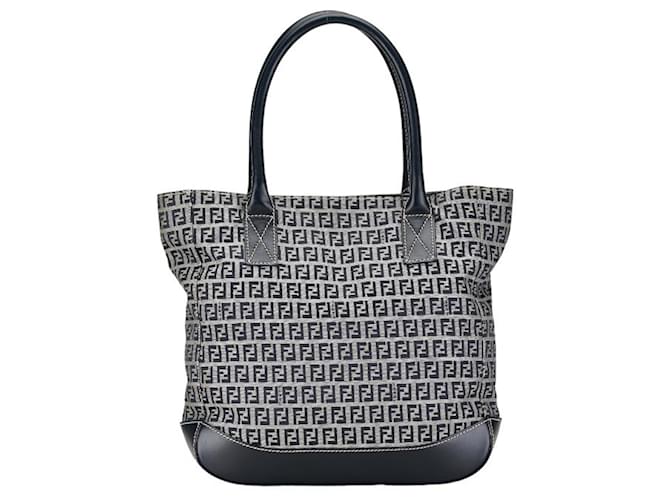 Fendi Zucchino Tote Bag - Gray Navy Canvas Leather Brown Navy blue Cloth  ref.1446308