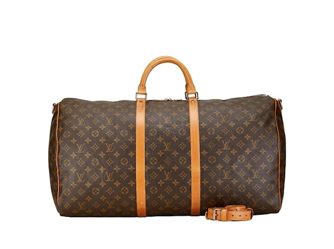 Bolsa Boston Keepall Bandoulière 60 Monograma Louis Vuitton Marrom Couro Plástico  ref.1446382