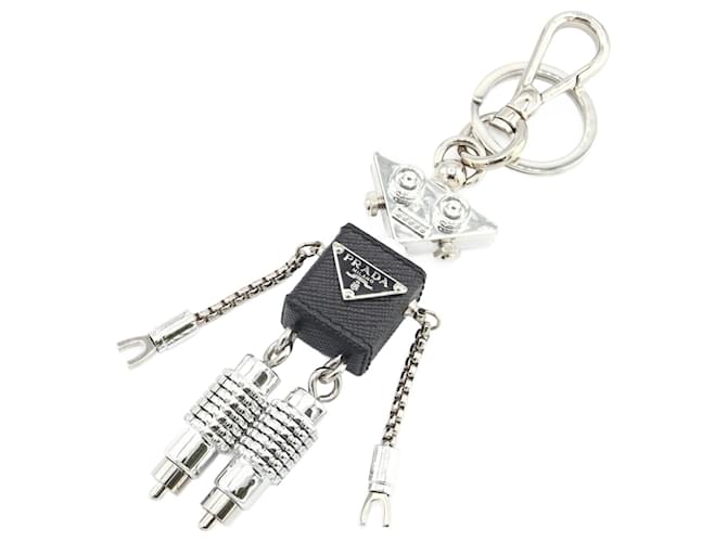 Prada Saffiano Leather Robot Keychain Silver Black Silvery Metal ref.1446547 Joli Closet