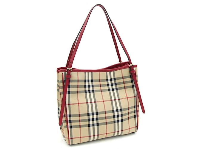 Sac fourre-tout beige et rouge Burberry - Toile en nylon et cuir pour femmes  ref.1446548