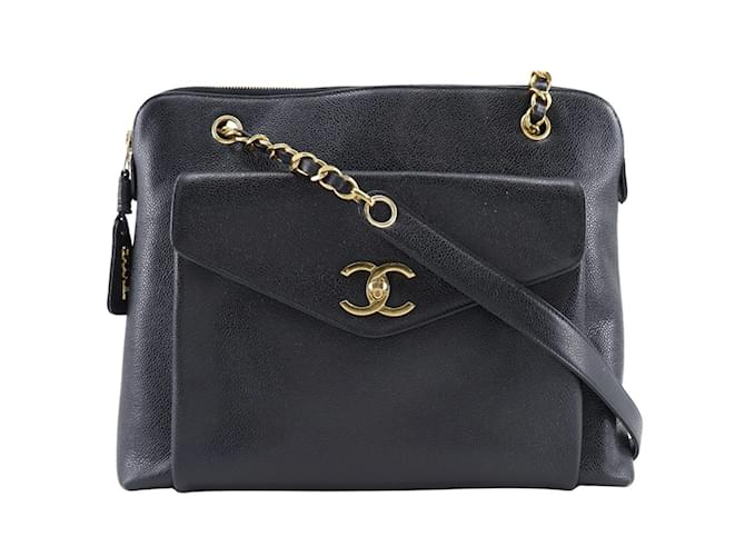 Classique Sac à main en cuir caviar noir Chanel avec chaîne pour femmes  ref.1446863