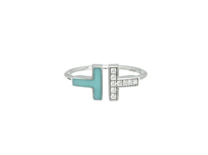 Tiffany & Co Anel Tiffany T Wire em ouro branco 18K com diamante e turquesa  ref.1447013