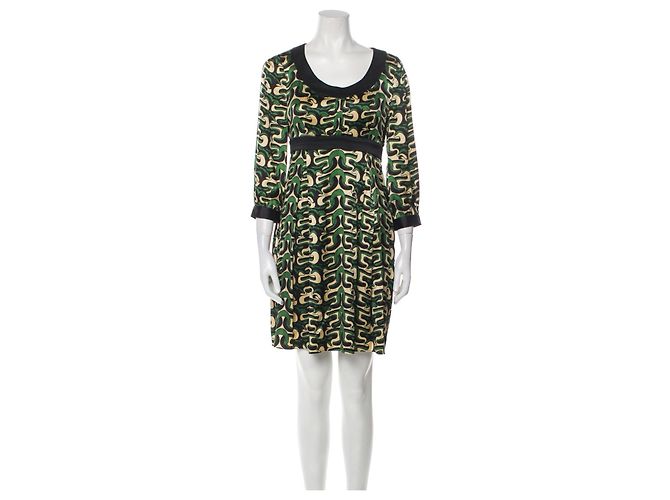 Diane Von Furstenberg Vintage Steffi Kleid von DvF mit Bischofärmeln Schwarz Golden Grün