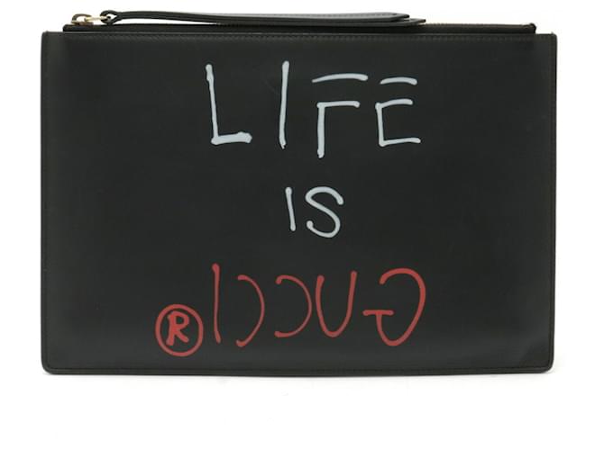 Gucci Ghost LIFE IS Clutch Bag Black Leather  ref.1448149