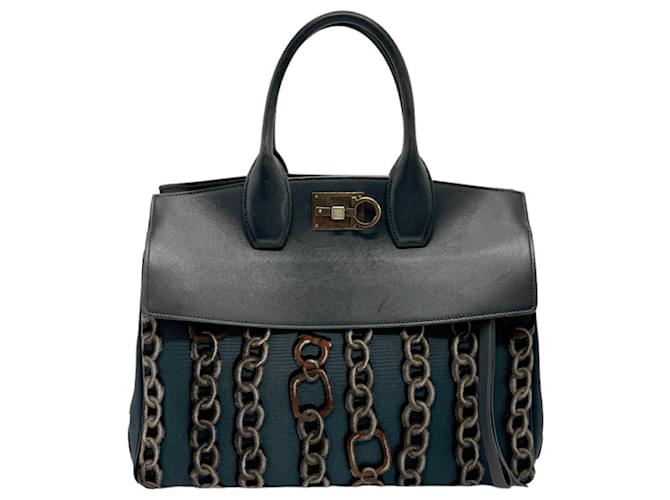 Bolso Gancini de Salvatore Ferragamo Castaño Negro Cuero Lienzo  ref.1448567