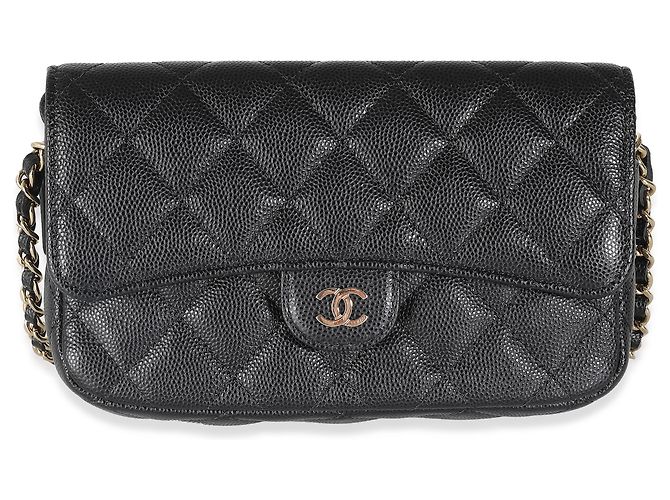 Timeless Chanel Black Quilted Caviar Flap Phone Handbag With Chain