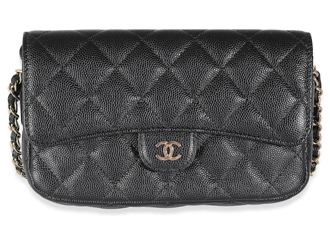 Timeless Chanel Black Quilted Caviar Flap Phone Handbag With Chain Leather  ref.1449426