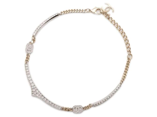 Colar choker de strass Chanel Coco Mark Prata Dourado Metal  ref.1452603