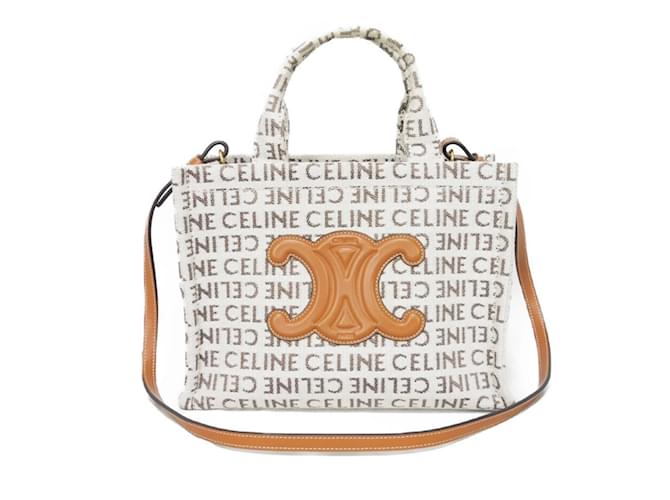 Céline Celine Small Cabas Thais Tasche Weiß Leder Leinwand  ref.1452806