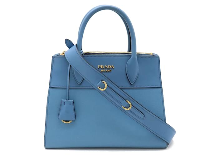 Saffiano Bolso de hombro Prada Paradigm Azul Cuero  ref.1453494