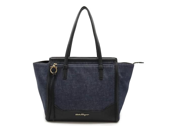 Sac à main Amy de Salvatore Ferragamo Cuir Jean Noir Bleu Marine  ref.1453538