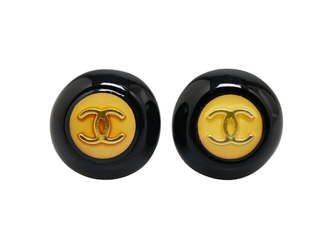 Chanel Coco Mark Button Motif Clip Earrings Black Golden Plastic Gold-plated  ref.1453690