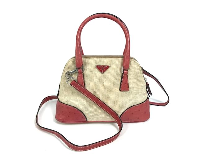 Prada BN0115 Canapa+Struzz 2-Way Shoulder Bag Beige Cloth  ref.1454169