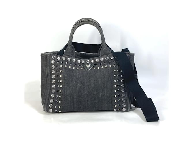 Prada B24390 Logo Plate 2WAY Studded Shoulder Bag Black Denim  ref.1454228