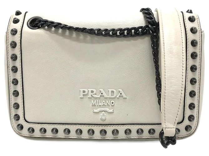 Prada 1BD147 Logo Studs Shoulder Bag White
