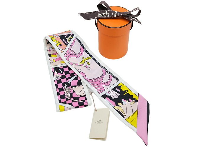Lenço Twilly Hermès Preto Rosa Amarelo