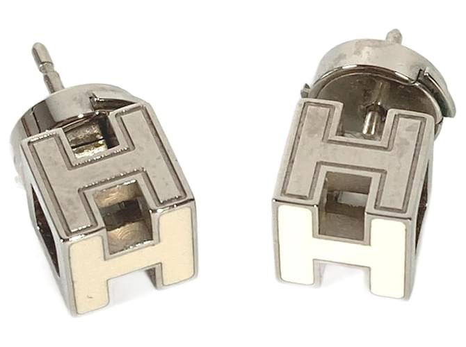 Hermès Hermes White Silver H Logo Stud Earrings  ref.1455911