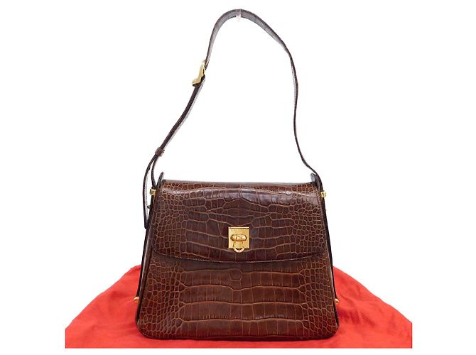 Autre Marque Bolsa de ombro de couro de crocodilo marrom LANCEL