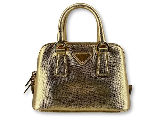 Prada Galleria mini Saffiano Dorado Cuero Metal  ref.1458764