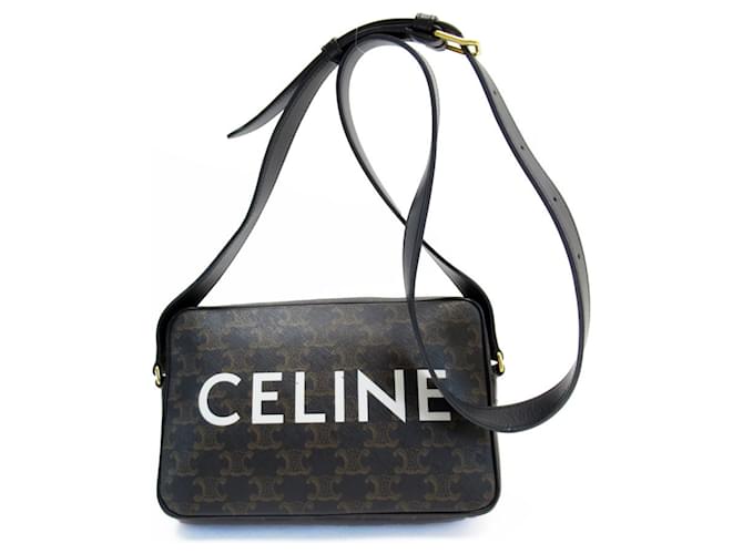 Céline Bolsa mensageiro de couro Celine Triomphe Marrom Preto Plástico  ref.1459427