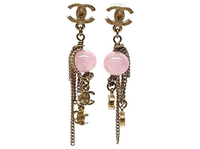 Pendientes de cadena de piedra de color Chanel Coco Mark Rosa Dorado