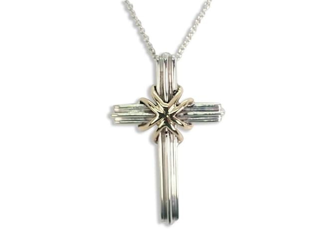 Tiffany & Co Tiffany 925 750 Signature Cross Pendant Necklace Silver Yellow gold  ref.1461637