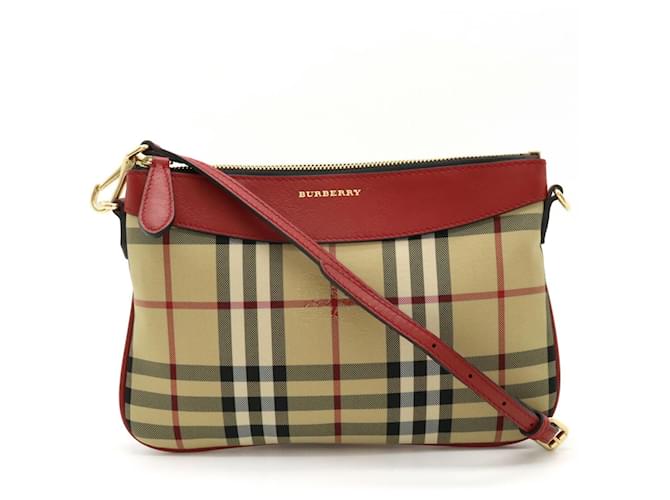 Burberry Nova Check Shoulder Bag Pochette Clutch Red Beige Leather