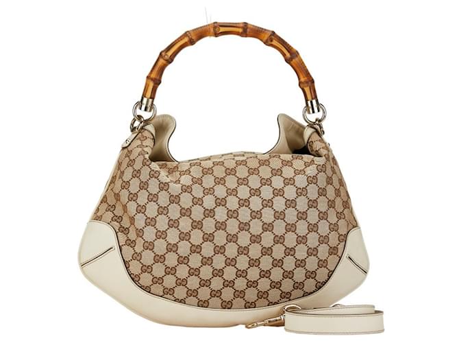 Gucci GG Canvas Bamboo Shoulder Bag White Beige Cream Leather Cloth  ref.1462501