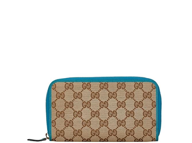 Cartera larga de lona GG Gucci Castaño Azul Cuero Lienzo  ref.1463480