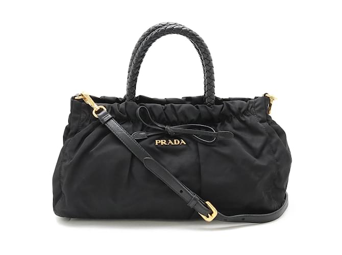 Borsa a mano Prada Tessuto Bow Nero Pelle Nylon  ref.1463661