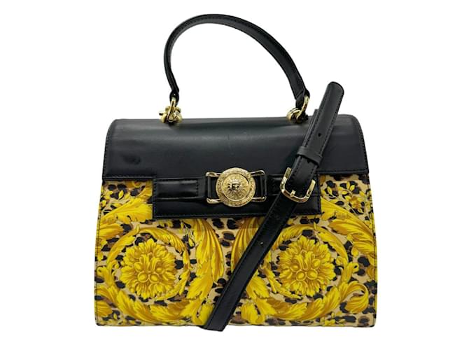 Borsa a mano Versace Borsa a spalla Nero Beige D'oro Pelle Tela  ref.1463833