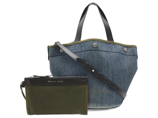 Prada Denim- und Leder-Tote-Bag Blau Khaki John  ref.1463962